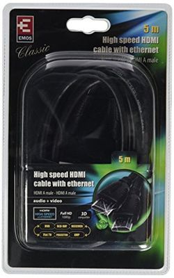 EMOS SB0105 5m 1.4 high-speed HDMI-kabel met ethernet, 5 m, 3D en 4K-videoweergave, ARC-ondersteuning, Full HD, 10,2 GB/s, zwart