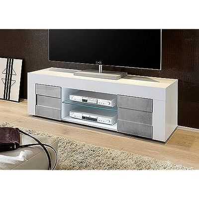 LC Spa Base TV Piccola Easy 2 Ante + vano a Giorno Centrale con ripiano in Vetro, Legno, Bianco Lucido/Beton, 138 x 44 x 42 cm