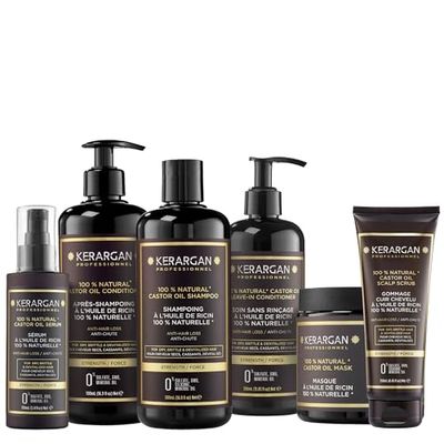 Kerargan - Kit Complet Anti-Chute à l'Huile de Ricin Pour Cheveux Secs, Cassants, Dévitalisés - Favorise la Croissance - Sans Sulfate, Paraben, Silicone - 3x500ml+100ml+350ml+250ml