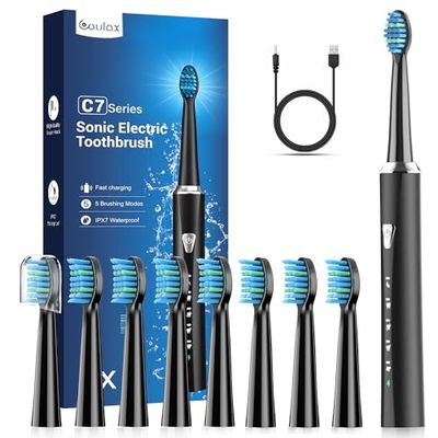Brosses à Dents Électriques Soniques avec 8 Têtes - Brosse à Dents Électrique pour Adultes et Enfants, 5 modes, IPX7, Une Charge pour 120 Jours D'utilisation, Brosse à Dents Noir Mat