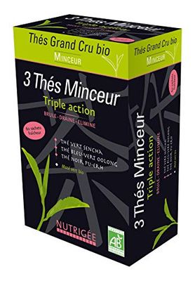 3 THÉS MINCEUR BIO • Brûle • Draine • Elimine • Thé Vert SENCHA • Thé Bleu-Vert OOLONG • Thé Noir PU ERH • MATÉ • 60 Sachets • Fabriqué en France • Nutrigée