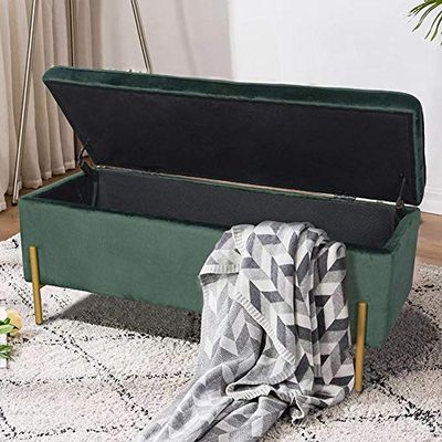 BAKAJI Zitkist Poef voetensteun, slaapkamer, bankkruk, frame van hout, stoffen bekleding van fluweel, openbaar, gevoerd, 105 x 44 x 44 cm, gouden poten (groen)