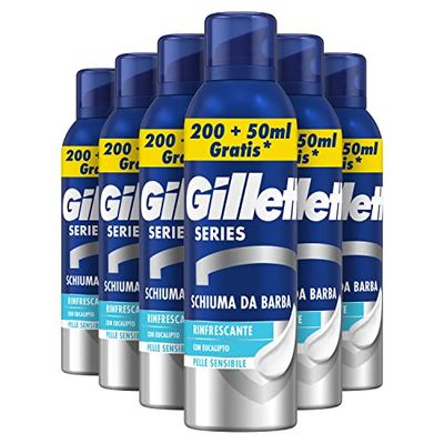 Gillette Series SCHIUMA DA BARBA RINFRESCANTE Con Eucalipto, Effetto Lenitivo, Profumo di Pulito, Riduce le Irritazioni, 250ml X6