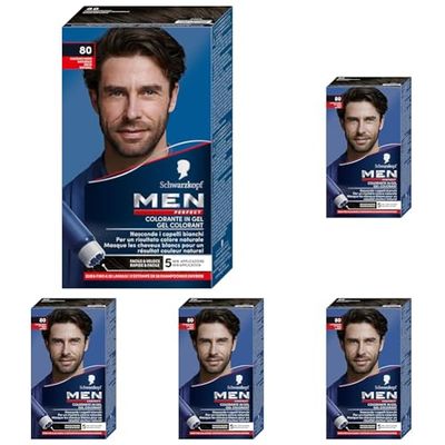 Schwarzkopf - Men Perfect - Gel Colorant Anti-Cheveux Blancs Homme - Coloration Cheveux Homme - Résultat Naturel – Application rapide et facile - Sans Ammoniaque - Brun Naturel 80 (Lot de 5)