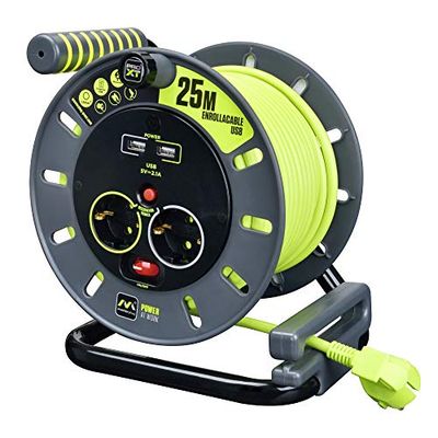 Masterplug Pro-XT Enroladores de bobina de cabo aberto de quatro tomadas com alça de enrolamento, interruptor térmico e interruptor de energia, cabo de alta visibilidade de 25 metros