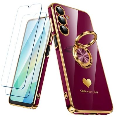 Nonional Custodia per Samsung Galaxy A16 5G con 2 pellicole protettive per lo schermo, supporto ad anello girevole a 360° [motivo cuori di lusso] custodia morbida sottile placcata con bordo dorato per