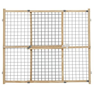 New World 127 cm (32-Inch) High Extra-Wide Wood Pet Gate, Won't Damage Walls, No Tool Assembly with Patented Locking Arm, Dog Gate Measures 81.28H x 73.66-127W cm, Natural Wood & Gray Mesh, B2932WWM-2