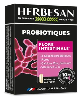 HERBESAN - PROBIOTIQUES - Flore intestinale - Équilibre digestif & Immunité - 4 Souches microbiotiques, Fibres, Calcium, Zinc, Vitamines C & D - 15 gélules