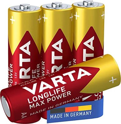 VARTA Piles AA, lot de 4, Longlife Max Power, Alcalines, 1,5V, adaptées aux appareils photo numériques, contrôleurs, tensiomètres, Made in Germany