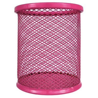 RAYLU PAPER - Pot à Crayon en Maille Métallique Ronde, Porte Crayon en Grille, Organisateur de Bureau, Surface Antidérapante, Porte Stylo Accessoire Bureau Diamètre 90 mm (Fuchsia)