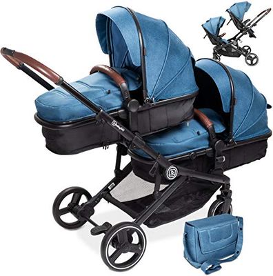 babyGO Kinderwagen 3-in-1 voor tweelingen - broers en zussen kinderwagen voor baby's - tweelingwagen/tweelingwagen voor 2 kinderen met veel accessoires (blauw melange-zonder babyzitje)