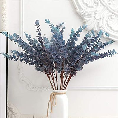 FuleHouzz 3 Piezas de Hojas de eucalipto Artificiales Suaves al Tacto de 31.5 Pulgadas, Tallos de vegetación Falsos de Plata para el hogar, Boda, arreglo Floral, Color Azul