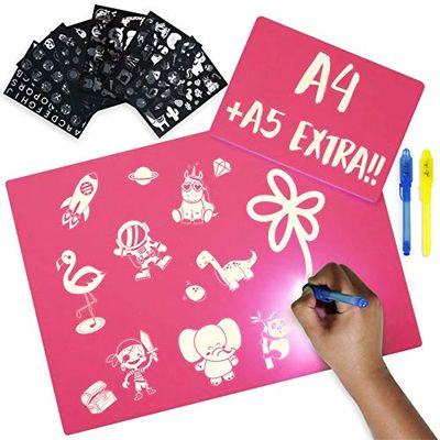 Magisch Tekenbord Roze A4 + A5, 6 Stencils, 2 Lichtgevende Stiften BONNYCO | Meisjes Speelgoed 3 4 5 6 7 8 9 Jaar | Lichtgevend Bord Kinderspeelgoed, Meisjes Geschenken Verjaardag Sinterklaas Kerstmis