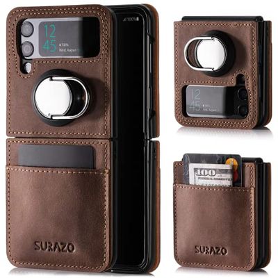 SURAZO Premium echt lederen backcase voor Samsung Galaxy Z Flip 4, stootvast lederen telefoonhoes met kaartenvak, ringstandfunctie, vintage slim bumper, beschermhoes, notenbruin