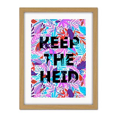 Wee Blue Coo Woven Flower Typography Scotland Keep Heid Artwork Framed Wall Art Print 18X24 Inch