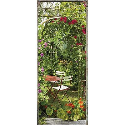 Trompe L 'Oeil Door Self-Adhesive Polyvinyl Garden Full of Flowers, Wall Art, Colorful, 83 x 0.1 x 204 cm