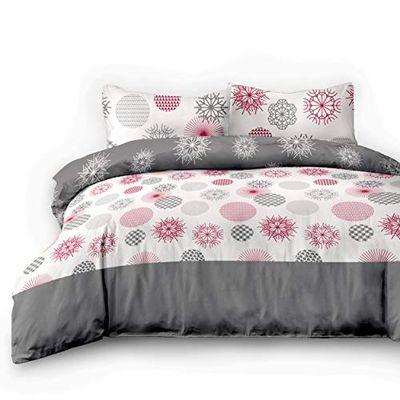 AmeliaHome 07195 4-Piece Flannelette Bed Linen 155 x 220 cm with 2 Pillowcases 80 x 80 cm 100% Cotton Duvet Cover Zip Snuggy Collection Flakes Snowflakes White Grey Red