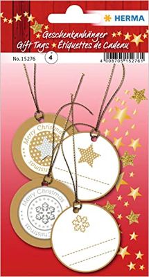 HERMA 15276 Cadeauhangers voor Kerstmis, kerstster (Ø 5 cm, 4 stuks, papier, glinsterend, rond) bedrukte papieren hangers/hanglabels voor geschenken, Kerstmis en decoratie, goud