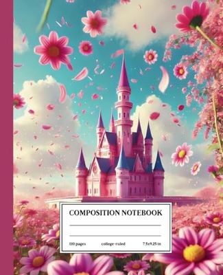 Composition Notebook College Ruled: Pink Castle Design: Falling Flower Petals with Castle in the Background - Perfect for Notes and Creativity