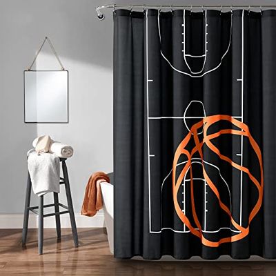 Lush Decor Tenda da doccia con gioco di pallacanestro, 182,9 x 182,9 cm, nero e arancione
