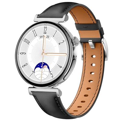 Knauermann PRO 3 Mini (2024) Zilver - Gezondheidshorloge Smartwatch met telefoonfunctie - ECG + HRV en SOS-functie - AMOLED-display - BT Bluetooth - slaapapneu - rundlederen band zwart, 14-24, rond,