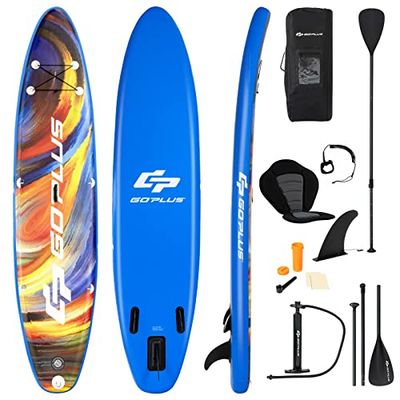 COSTWAY Planche de stand up paddle avec siège, sac à dos, pompe, pagaie réglable, laisse de sécurité, corde élastique et kit de réparation, planche de SUP gonflable de 150 kg (320 x 76 x 15 cm, bleu +