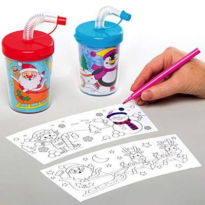 Baker Ross AX475 Christmas Colour in Bendy Straw Cups - Pack of 3, Festive Craft Kits for Kids, Creative Arts and Crafts Packs