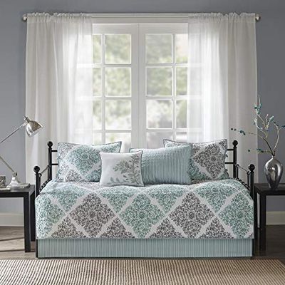 Madison Park Biancheria da letto per tutte le stagioni con gonna, federe coordinate, cuscino decorativo, poliestere, Claire, Diamond Aqua, 190,5 x 99,1 cm