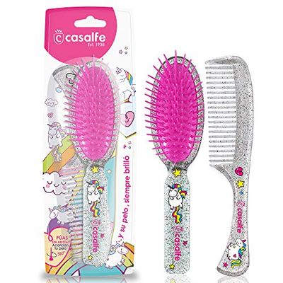 Escova detangler pente Casalfe unicórnios e brilli brilli - resistente ao secador, transparente com purpurina (3466)