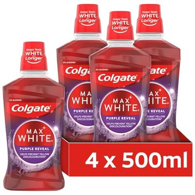 Colgate Max White Purple Reveal Enjuague bucal 4x 500ml |Blanqueador de dientes |Mantiene los dientes blancos por más tiempo |Prevención duradera de manchas| Ayuda a prevenir la decoloración amarilla