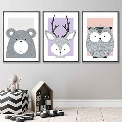 Artze Wall Art Kwekerij Bosdieren Art Prints 3-delige set, 30 cm Breedte x 40 cm Hoogte, Roze/Lila