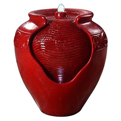 Teamson Home Fontana d'Acqua con Luci per Giardino, Piccola Fontana d'Acqua a Piani per Esterni, Vaso Rosso, Cascata per Interni e Ornamento con Pompa, Arredamento Patio