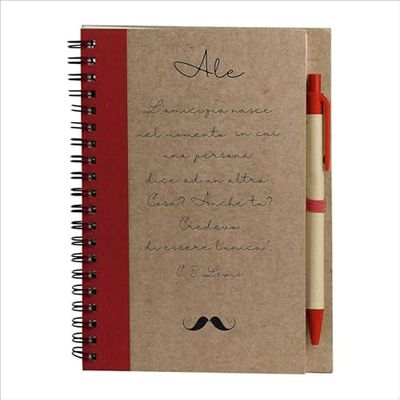 Quaderno in carta kraft con penna coordinata, personalizzabile con incisione e decoro (Rosso)