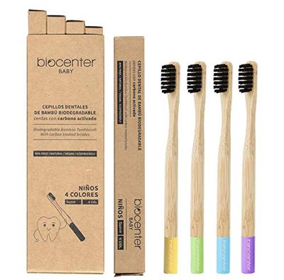 Biocenter Lot de 4 brosses à dents en bambou et charbon actif pour enfants 10 g