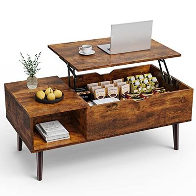 Sweetcrispy Stolik kawowy z regulacją wysokości, stół do salonu, otwarte i ukryte miejsce do przechowywania, stolik kawowy, stolik pomocniczy, 100 x 50 cm, stolik do kanapy z drewna, do salonu,