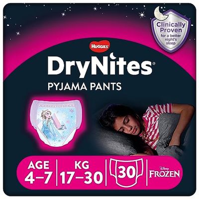 HUGGIES DryNites dziewczęce spodnie piżamowe – rozmiary 4-7 lat (30 spodni) – niezrównana ochrona w nocy z dyskretną ochroną i zabawnymi wzorami, 4-7 Years, Tworzywo sztuczne