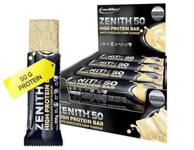 IronMaxx Zenith 50 XL High Protein Bar, White Chocolate Crisp 12 x 100g, Protein bar with 50 Percent Protein Content, Low carb, Low Sugar with Important Amino acids
