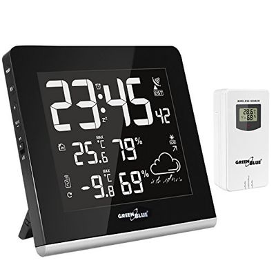 Estação meteorológica sem fios de 9 cores GreenBlue GB151 DCF VA LCD USB sensor sem fios exterior, ideal para pessoas com problemas de visão.