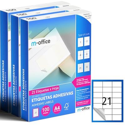 M-office Étiquettes Autocollantes - Imprimables, Blanches, Multiples, Scolaires, pour Bocaux et Cahiers, Autocollants Utiles au Quotidien (21 étiquettes par feuille, 300 feuilles)