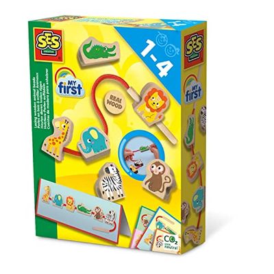 SES Creative- My First - Cordones de Cuentas de Animales de Madera, Multicolor (14487)