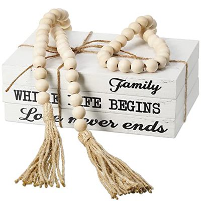 3 Libros Decorativos para decoración del hogar, Libros de imitación Blancos, Libros de exhibición Apilados con borlas de Cuentas de Madera para mesas de café, 58 Pulgadas (Familia Donde Comienza la