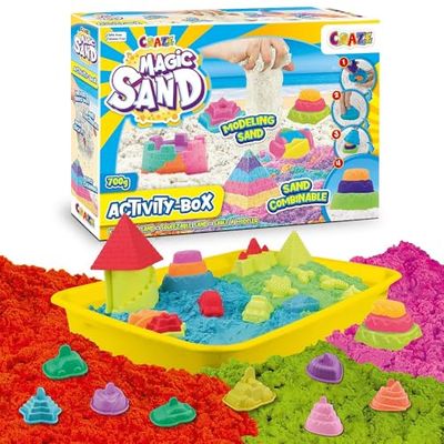 Craze MAGIC SAND Aktivitetslåda | Kinetisk sandväska med 700 g knådning och tillbehör – pysselset barn färgglad magisk sand BPA-fri och glutenfri