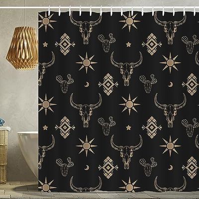 Western Bull Skull Shower Curtain Boho Cow Longhorn Skull Head Cactus Bohemian Black and Gold Shower Curtain with Hooks 72x72 Inch Waterproof Polyester Bathroom Curtain (Black Gold Bull Skull)