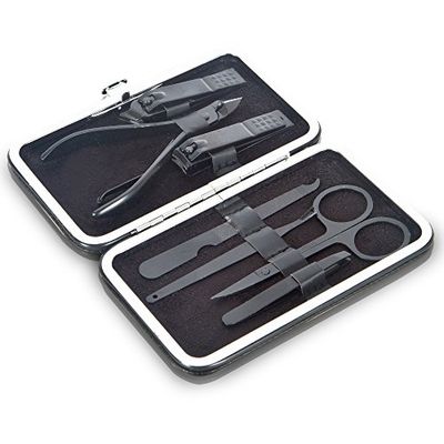 Black Coated - Set de cuidado de uñas de acero inoxidable para un cuidado preciso y de alta calidad de las uñas de los pies y las uñas (7 piezas, negro)