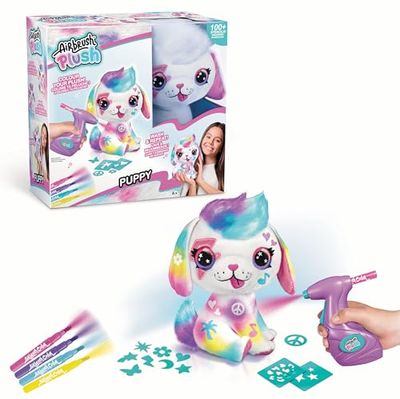 Airbrush Plush Puppy, Decorate Over + Over, 4 Wash-Off Chalk Pens, Battery Powered Airbrush, 100+ Sticker Stencils. For Ages 6+