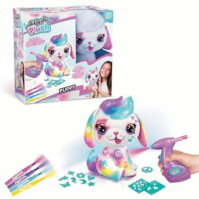 Airbrush Plush AIR 002 Puppy, Decorate Over + Over, 4 Wash-Off Chalk Pens, Battery Powered Airbrush, 100+ Sticker Stencils, White, 106 Piece Set