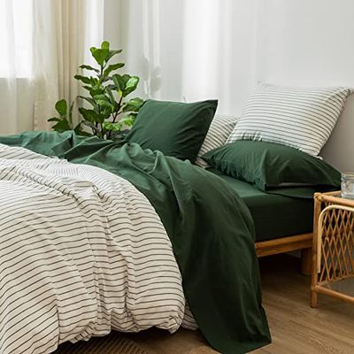 MOOMEE Bedding Sheet Set 100% Washed Cotton Linen Like Textured Breathable Durable Soft Comfy (Forest Green, Queen)