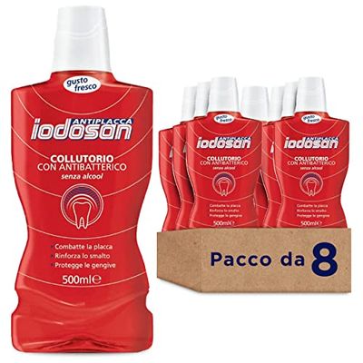 Iodosan Antiplaque, rince-bouche avec antibactérien, combat la plaque et protège les gencives, sans alcool, paquet de 8 x 500 ml