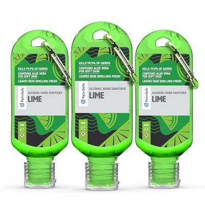 Palm Safe Lime 3 Pack 60ml Anti Bacterial Premium Hand Sanitiser Travel Size Refillable Clip Bottle Quick Drying Non Sticky Extra Moisturising Kills 99.9% of Viruses and Bacteria