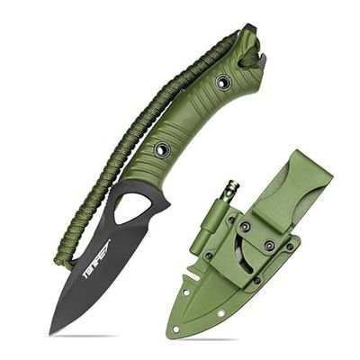 TONIFE Explorer Coltello a lama fissa con fodero in plastica 8Cr14MoV Coltello da sopravvivenza, manico in nylon rinforzato con fibra di vetro per il campeggio all'aperto (Verde + Nero Titanio)